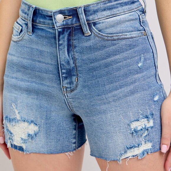 Judy Blue Full Size High Waist Denim Shorts W/stitch Over Destroy Detail Plus Si - Picture 1 of 10